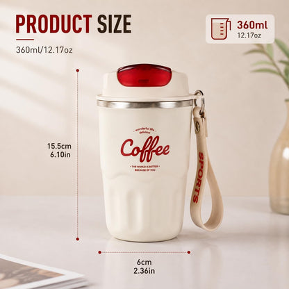 Coffee Vacuum Flask, 12oz Portable Coffee Cup with Lid & Handle, 316 Stainless Steel Insulated Water Drinkware, Hot Cold Travel Coffee Mugs for Home, Office, and Outdoor Use (Beige,Digital)