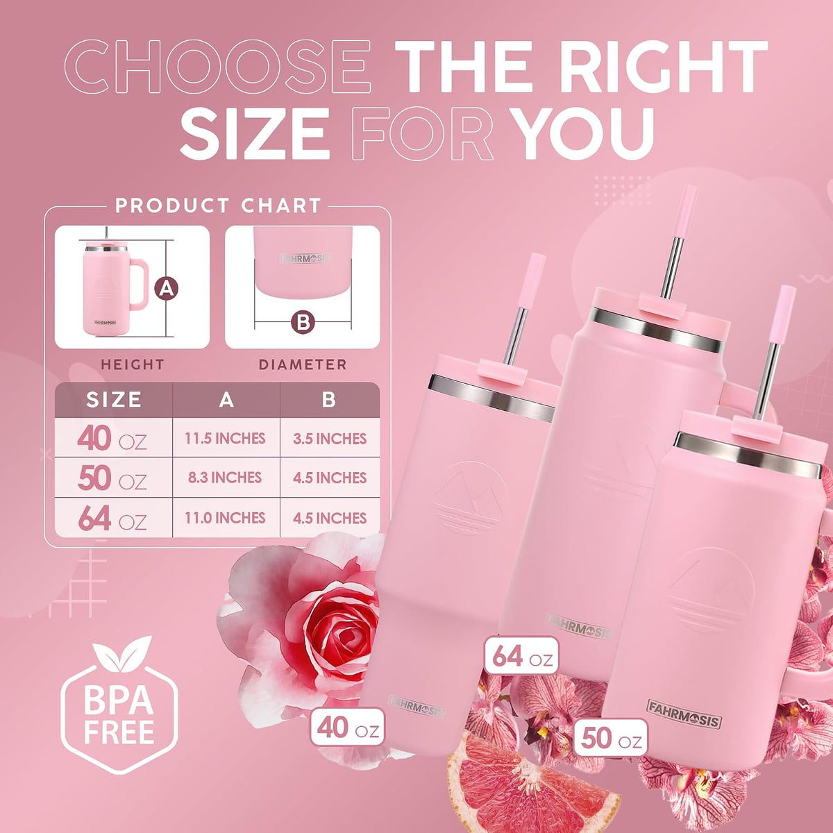 40 Oz Tumbler with Handle and Straw Insulated Cup that Fits in Cup Holder for Hot & Cold Drinks Leak Proof Tumbler with Straw Stainless Steel Travel Mug for Men & Women - Pink