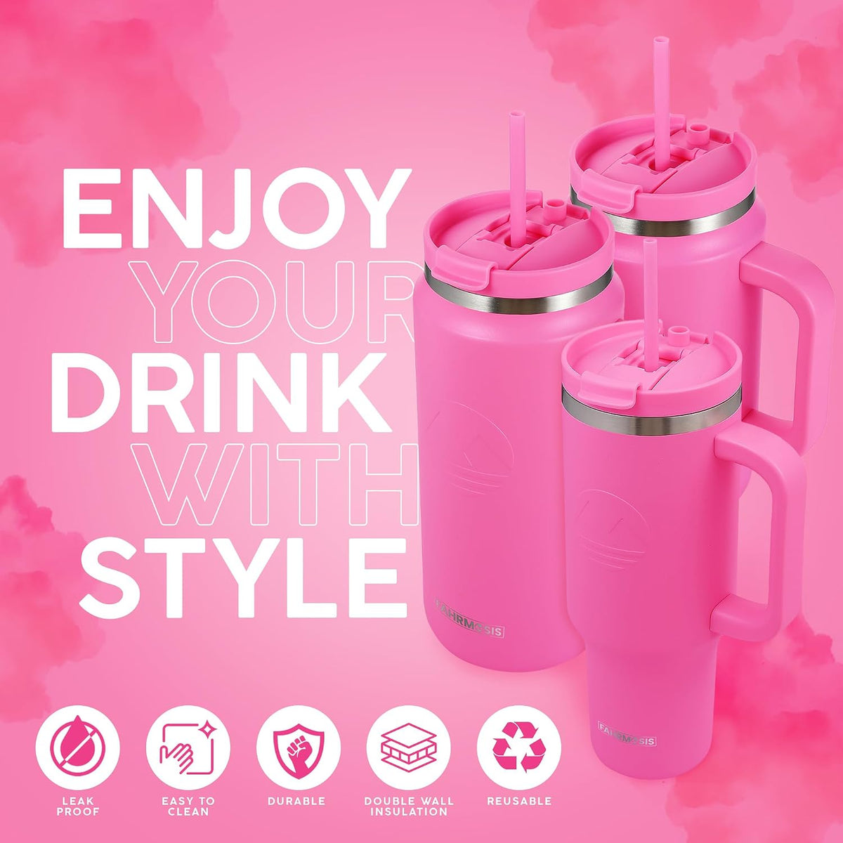 40 Oz Tumbler with Handle and Straw Insulated Cup that Fits in Cup Holder for Hot & Cold Drinks Leak Proof Tumbler with Straw Stainless Steel Travel Mug for Men & Women - Pink