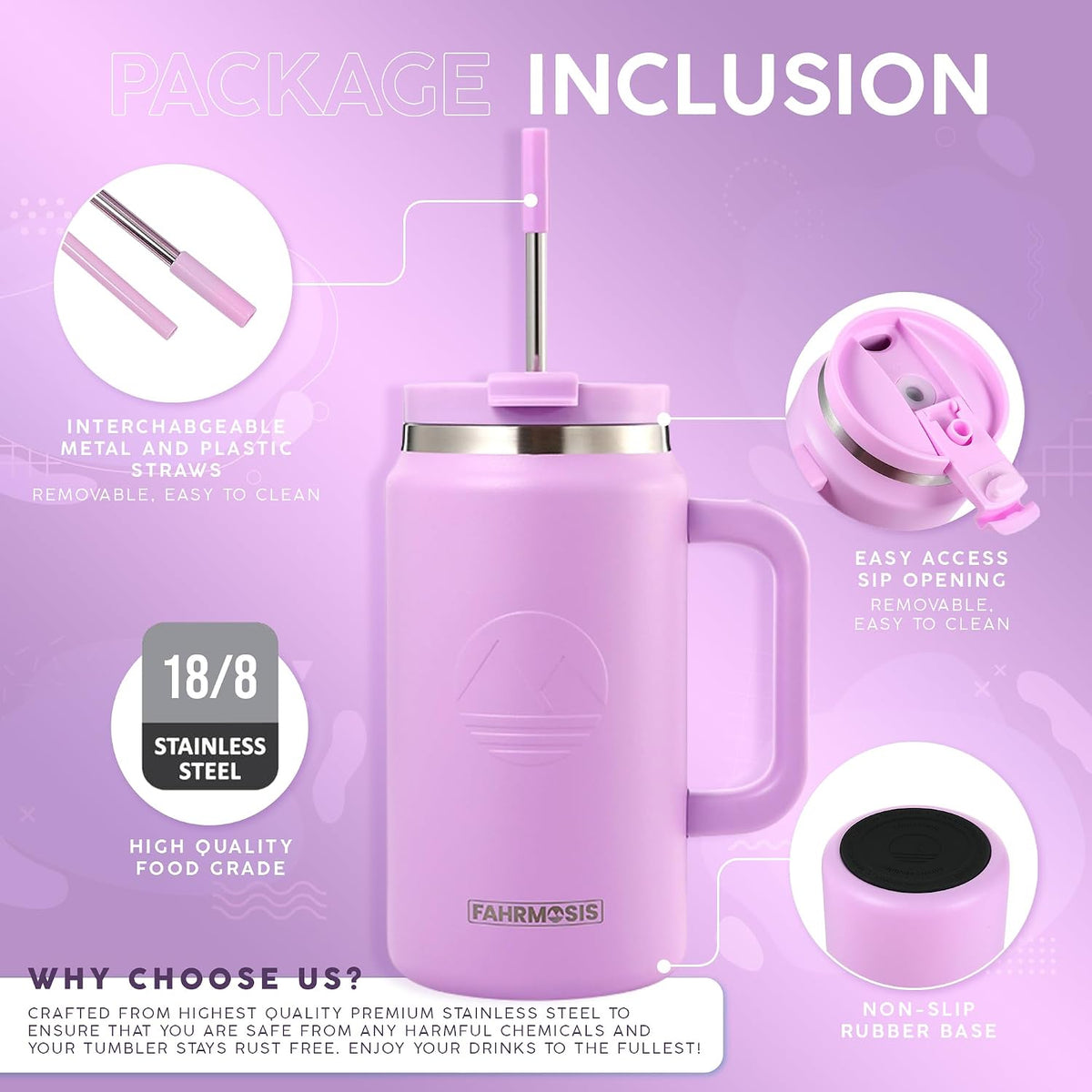40 Oz Tumbler with Handle and Straw Insulated Cup that Fits in Cup Holder for Hot & Cold Drinks Leak Proof Tumbler with Straw Stainless Steel Travel Mug for Men & Women - Pink