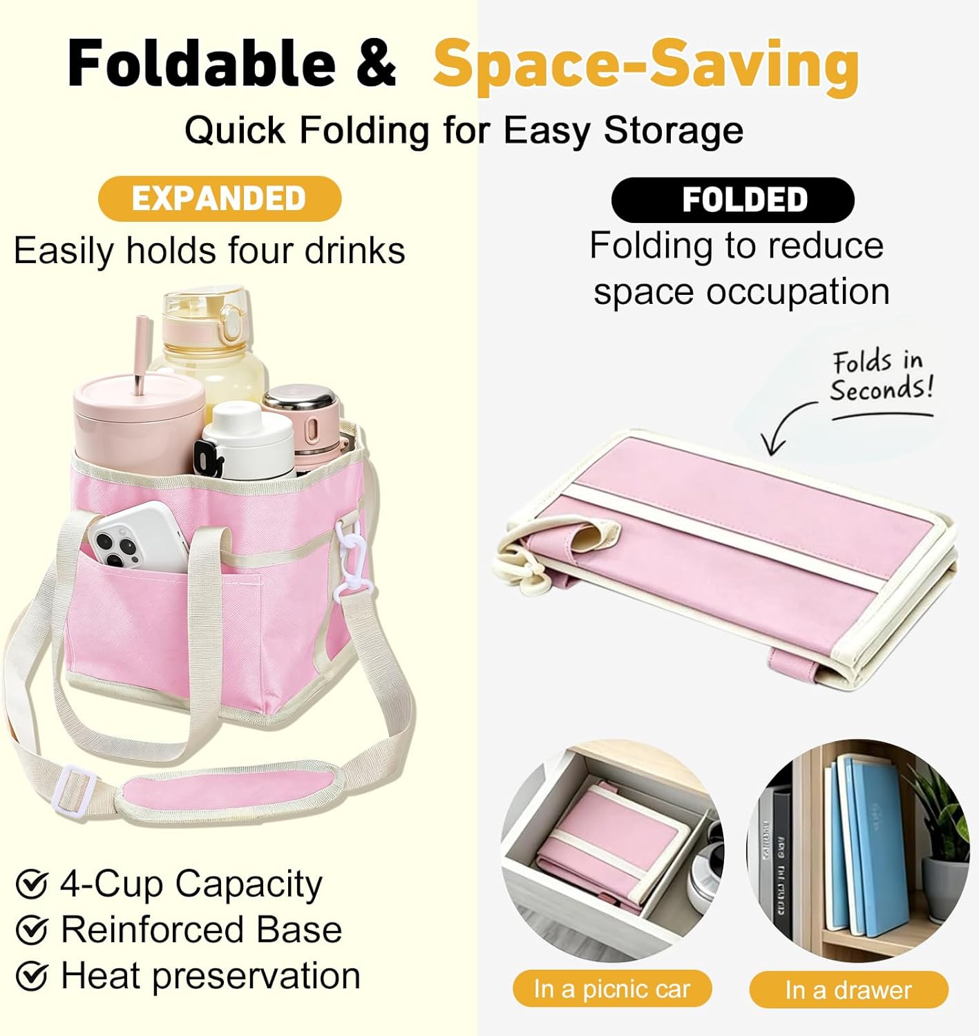 Drink Caddy for Cups, Insulated Drink Carrier with Strap, Drink Carrier Bag | Designed with Adjustable Strap for Travel & Outings, 4-Slot Design with Removable Divider, Premium Waterproof Nylon Fabric