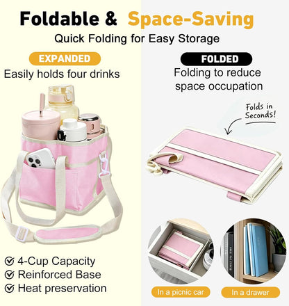 Drink Caddy for Cups, Insulated Drink Carrier with Strap, Drink Carrier Bag | Designed with Adjustable Strap for Travel & Outings, 4-Slot Design with Removable Divider, Premium Waterproof Nylon Fabric