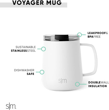 Voyager Signature Mug | Travel Coffee Tumbler with 360° Lid and Handle | Ceramic-Lined Insulated Stainless Steel Iced Cold Brew Cup | 12oz, Blush