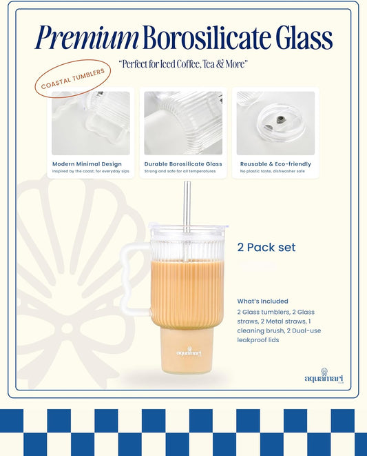 Ribbed Glass Tumbler with Lid and Straws 20oz – Set of 2 Borosilicate Glass Tumblers with Handle, Lids, and Straws – Iced Coffee Glass Cups, Glass Travel Cup, Hot & Cold Drinks