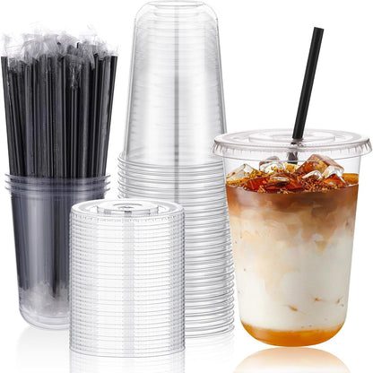 tchrules 16oz Clear Plastic Iced Coffee Cups with Lids and Straws