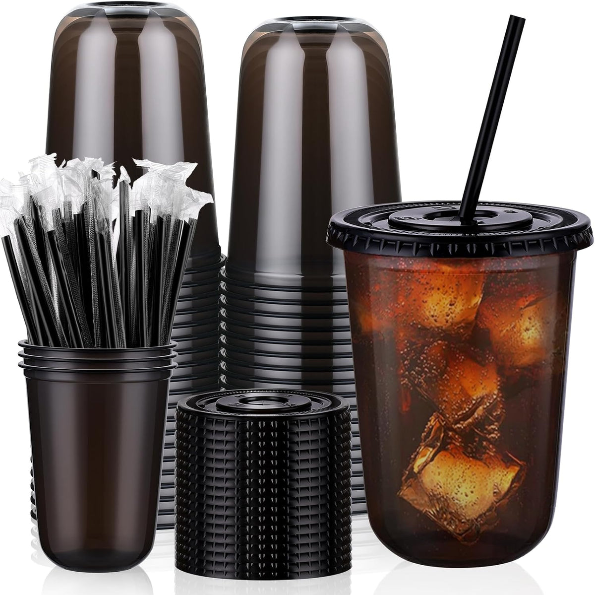 tchrules 16oz Clear Plastic Iced Coffee Cups with Lids and Straws
