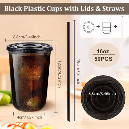 tchrules 16oz Clear Plastic Iced Coffee Cups with Lids and Straws
