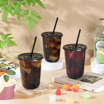 tchrules 16oz Clear Plastic Iced Coffee Cups with Lids and Straws