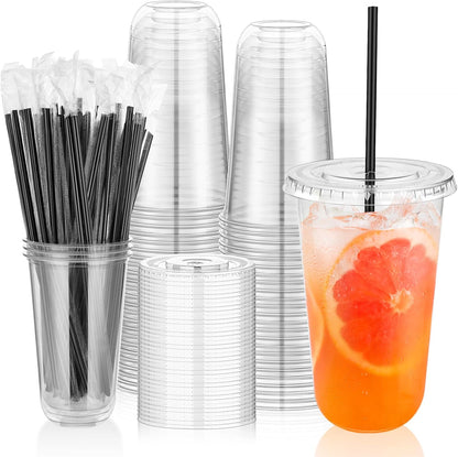 tchrules 16oz Clear Plastic Iced Coffee Cups with Lids and Straws