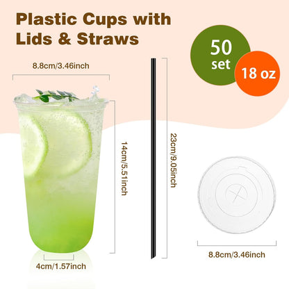 tchrules 16oz Clear Plastic Iced Coffee Cups with Lids and Straws