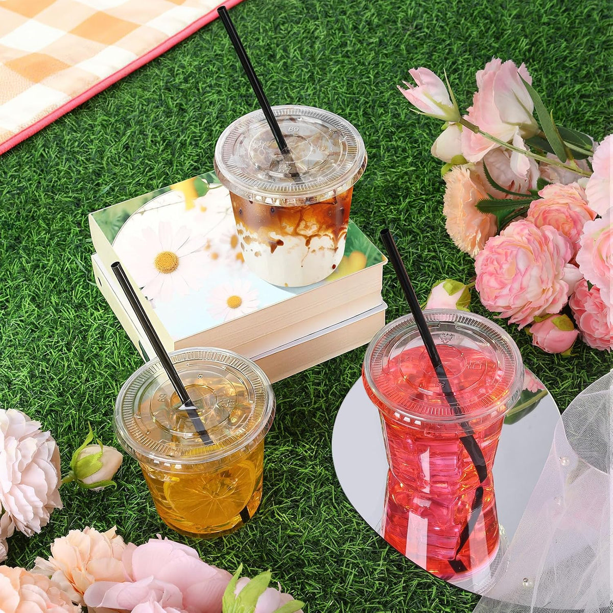 tchrules 16oz Clear Plastic Iced Coffee Cups with Lids and Straws