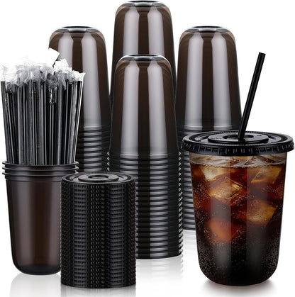 tchrules 16oz Clear Plastic Iced Coffee Cups with Lids and Straws