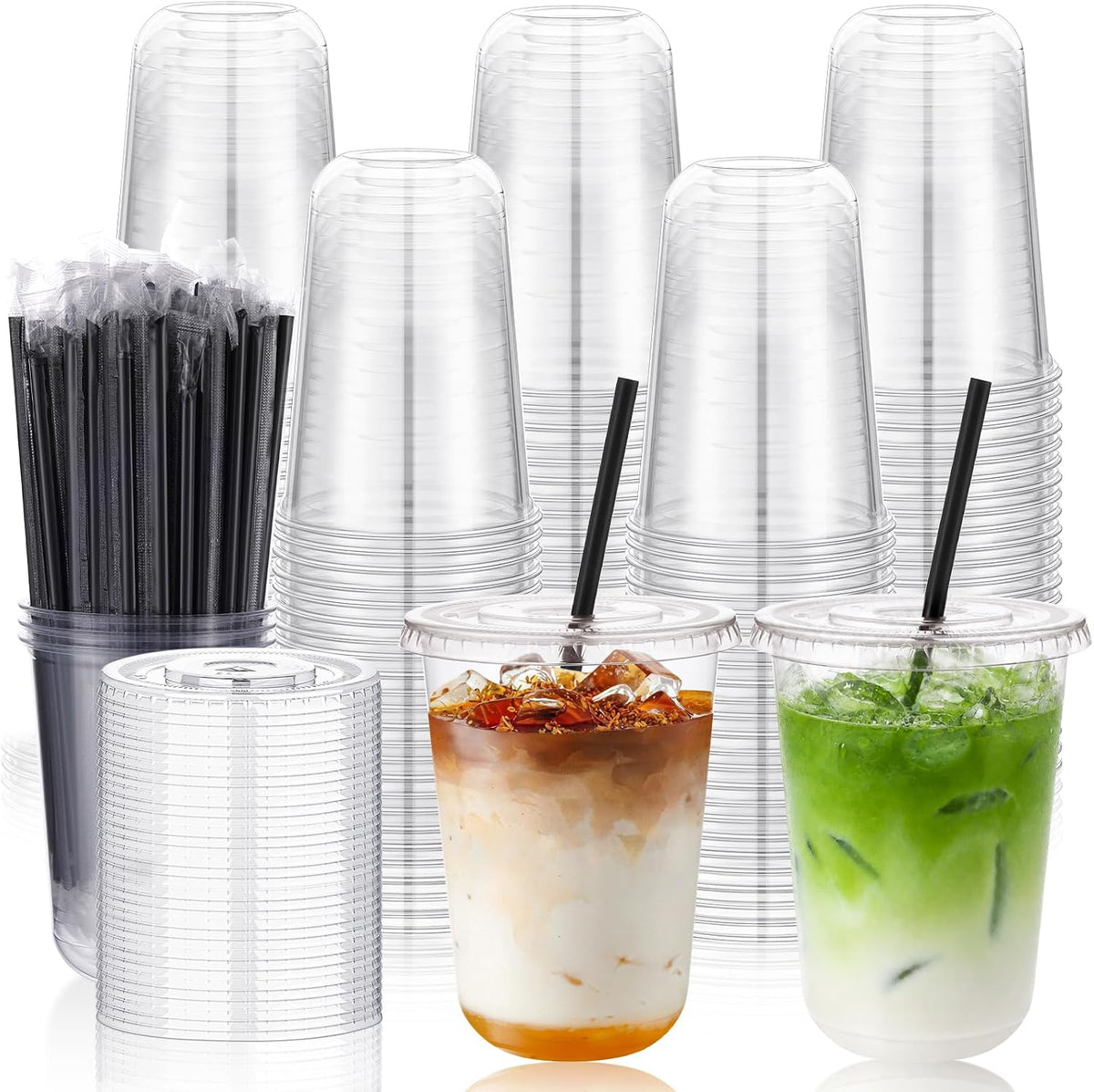 tchrules 16oz Clear Plastic Iced Coffee Cups with Lids and Straws