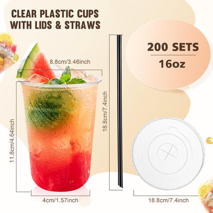 tchrules 16oz Clear Plastic Iced Coffee Cups with Lids and Straws