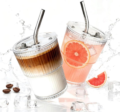 4 Packs Ribbed Glass Tumbler with Lid and Straw 13 oz Cute Ice Coffee Cup Set for Smoothie Juice Matcha Tea Latte Cappuccino Espresso Hot Coffe Water Reusable Clear Travel Boba Aesthetic Drinking Mug