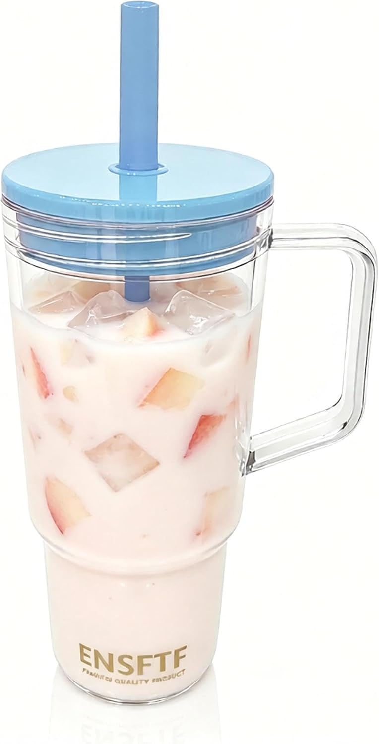 40oz Insulated Clear Tumbler with Handle Lid Straw Double Wall BPA Free | Eastman Tritan FDA compliant, soft silicone straw, crystal-clear visibility, leakproof spill-proof gasket, car cup holder fit