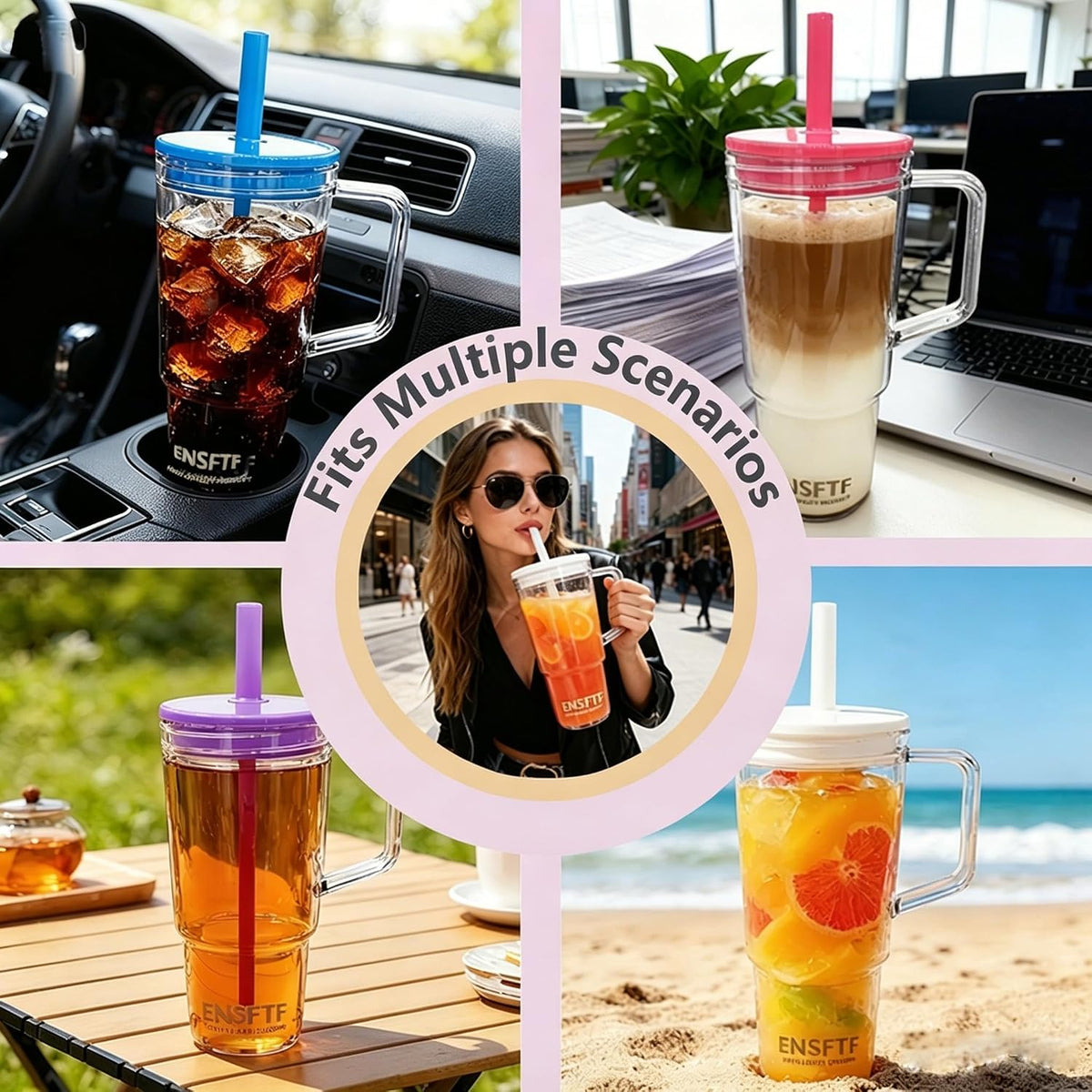 40oz Insulated Clear Tumbler with Handle Lid Straw Double Wall BPA Free | Eastman Tritan FDA compliant, soft silicone straw, crystal-clear visibility, leakproof spill-proof gasket, car cup holder fit