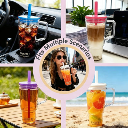 40oz Insulated Clear Tumbler with Handle Lid Straw Double Wall BPA Free | Eastman Tritan FDA compliant, soft silicone straw, crystal-clear visibility, leakproof spill-proof gasket, car cup holder fit