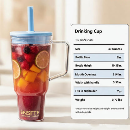 40oz Insulated Clear Tumbler with Handle Lid Straw Double Wall BPA Free | Eastman Tritan FDA compliant, soft silicone straw, crystal-clear visibility, leakproof spill-proof gasket, car cup holder fit