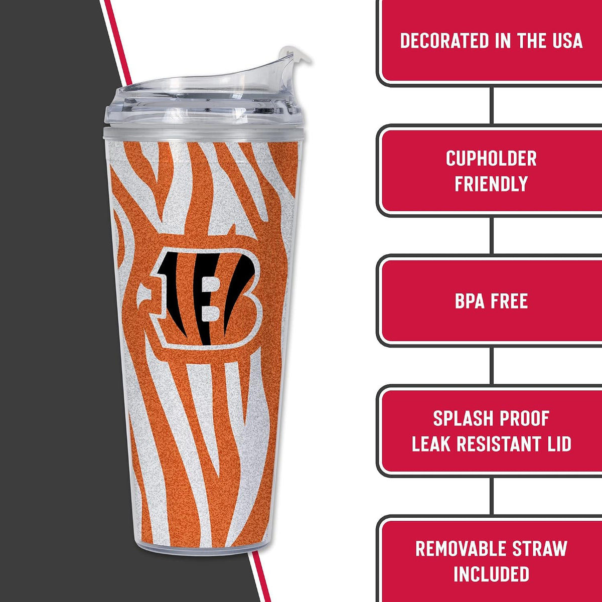 NFL Football Glitter 24oz Acrylic Glitter Tumbler with Hinged Lid, Officially Licensed Double Wall Tumbler with Straw