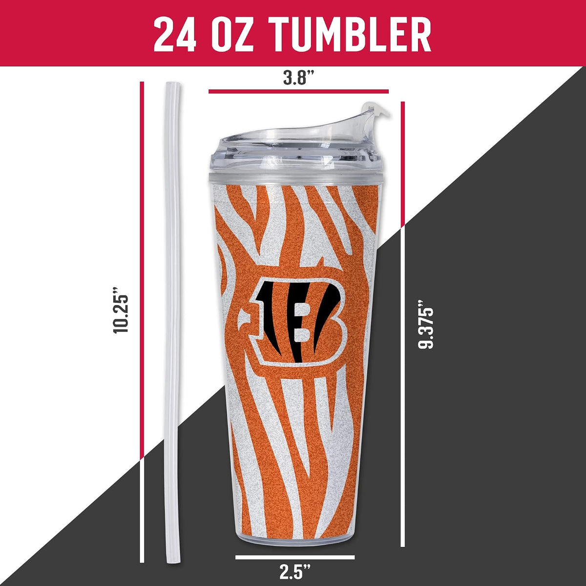 NFL Football Glitter 24oz Acrylic Glitter Tumbler with Hinged Lid, Officially Licensed Double Wall Tumbler with Straw