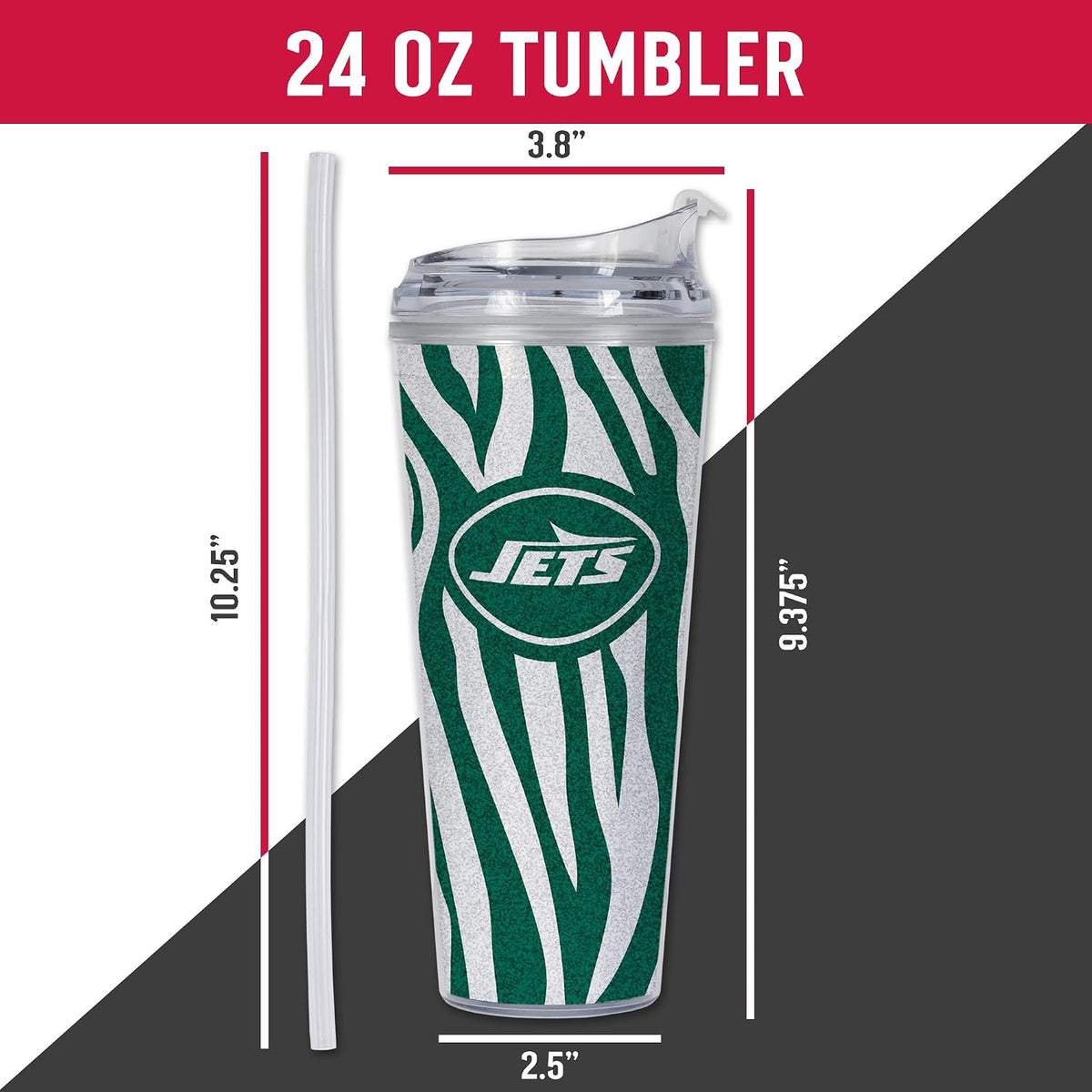 NFL Football Glitter 24oz Acrylic Glitter Tumbler with Hinged Lid, Officially Licensed Double Wall Tumbler with Straw