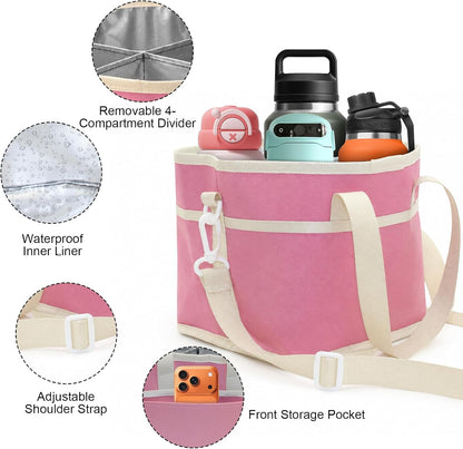 Pink 4 Compartment Drink Bag – Insulated Drink Carrier Bag with Adjustable Strap, Family Size Drink Holder Bag for Multiple Tumblers, Coffee, Travel, Picnics & Daily Outings (Includes Cup Brush)