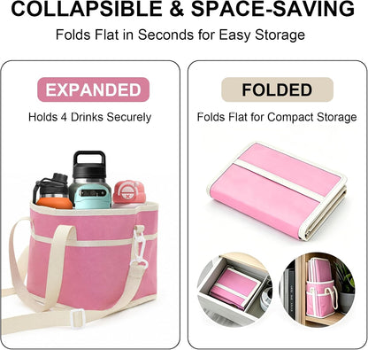 Pink 4 Compartment Drink Bag – Insulated Drink Carrier Bag with Adjustable Strap, Family Size Drink Holder Bag for Multiple Tumblers, Coffee, Travel, Picnics & Daily Outings (Includes Cup Brush)