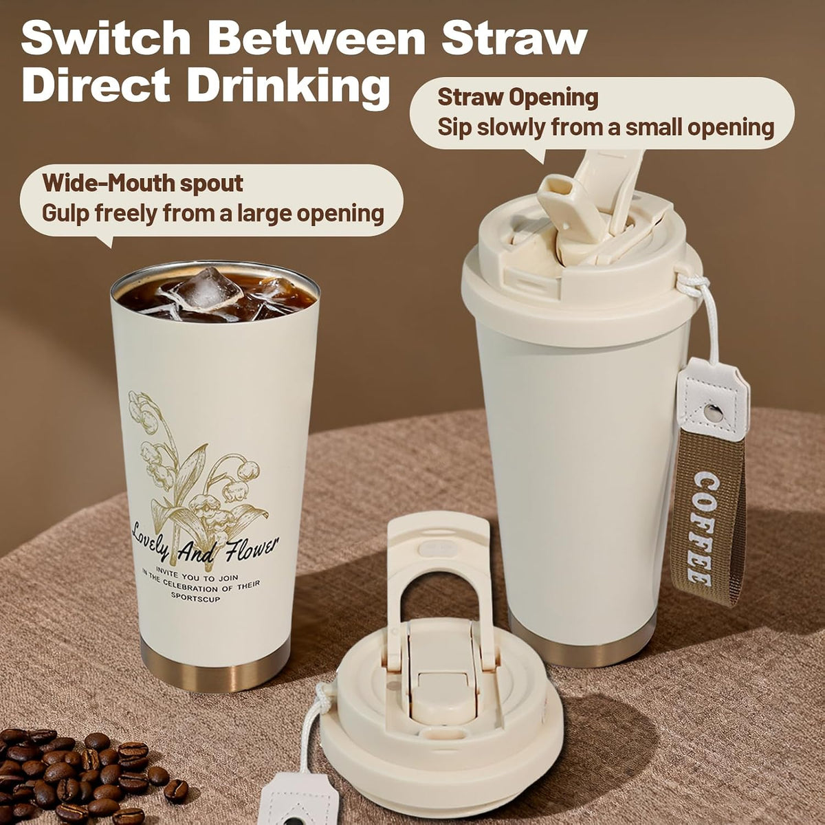 Insulated Coffee Tumbler 15.2oz 450ml Travel Coffee Mug 316 Stainless Steel Direct Drink Opening Leakproof Lid Reusable Insulated Coffee Mug Hot and Cold Ideal Travel Mug for Coffee Lover