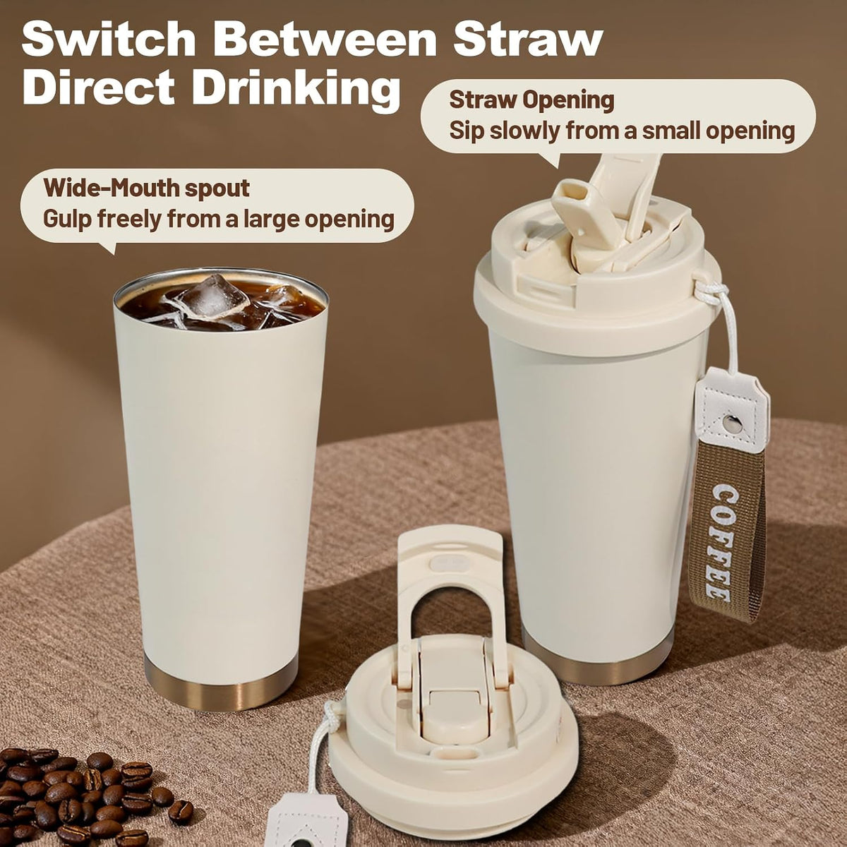 Insulated Coffee Tumbler 15.2oz 450ml Travel Coffee Mug 316 Stainless Steel Direct Drink Opening Leakproof Lid Reusable Insulated Coffee Mug Hot and Cold Ideal Travel Mug for Coffee Lover