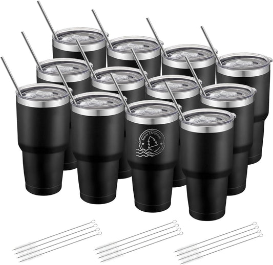 12 Pack Insulated Tumbler Powder Coated Stainless Steel Double Wall Vacuum Travel Coffee Tumbler Cup with Lid and Straw for Laser Engrave DIY Gift 30oz Black