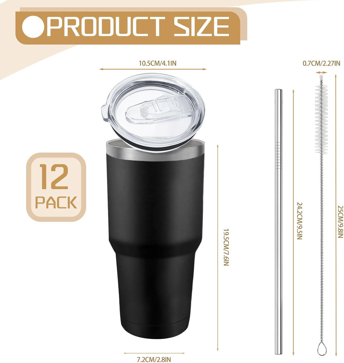 12 Pack Insulated Tumbler Powder Coated Stainless Steel Double Wall Vacuum Travel Coffee Tumbler Cup with Lid and Straw for Laser Engrave DIY Gift 30oz Black
