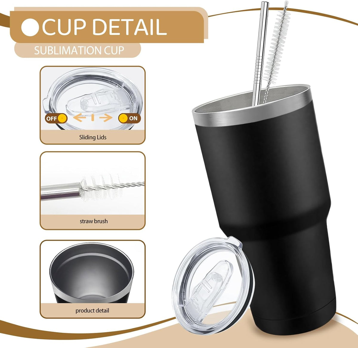 12 Pack Insulated Tumbler Powder Coated Stainless Steel Double Wall Vacuum Travel Coffee Tumbler Cup with Lid and Straw for Laser Engrave DIY Gift 30oz Black