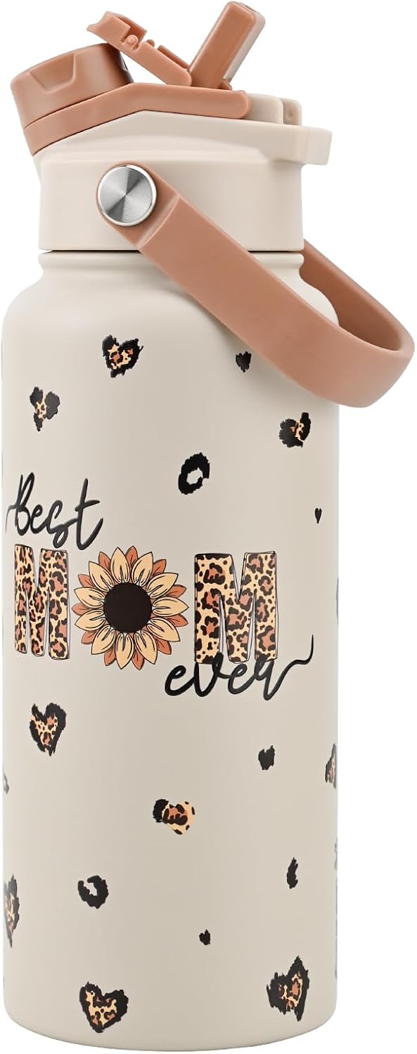 KEWIXY 32 oz Insulated Water Bottle, 2-in-1 Lid, Straw & Spout with Protected, Leak Proof, Keep Cold, Stainless Steel, Metal, Reusable, Handle, for Outdoor, Gym and School, 2 Lids, Blush Pink