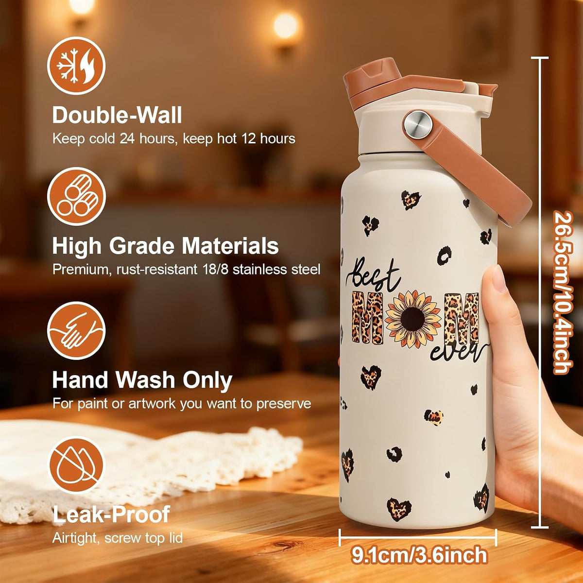 KEWIXY 32 oz Insulated Water Bottle, 2-in-1 Lid, Straw & Spout with Protected, Leak Proof, Keep Cold, Stainless Steel, Metal, Reusable, Handle, for Outdoor, Gym and School, 2 Lids, Blush Pink