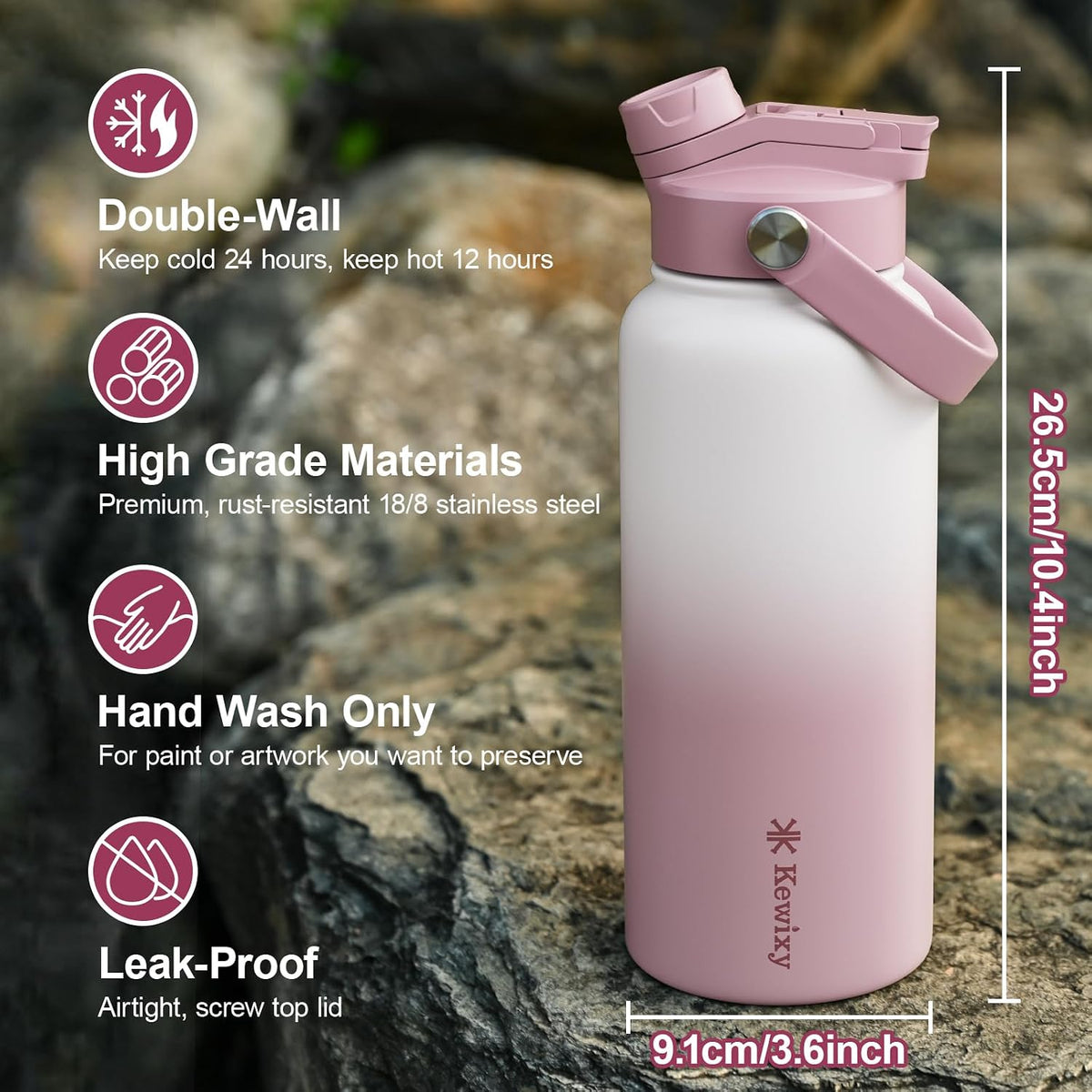 KEWIXY 32 oz Insulated Water Bottle, 2-in-1 Lid, Straw & Spout with Protected, Leak Proof, Keep Cold, Stainless Steel, Metal, Reusable, Handle, for Outdoor, Gym and School, 2 Lids, Blush Pink