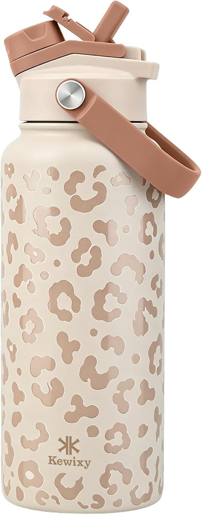 KEWIXY 32 oz Insulated Water Bottle, 2-in-1 Lid, Straw & Spout with Protected, Leak Proof, Keep Cold, Stainless Steel, Metal, Reusable, Handle, for Outdoor, Gym and School, 2 Lids, Blush Pink