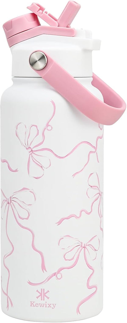 KEWIXY 32 oz Insulated Water Bottle, 2-in-1 Lid, Straw & Spout with Protected, Leak Proof, Keep Cold, Stainless Steel, Metal, Reusable, Handle, for Outdoor, Gym and School, 2 Lids, Blush Pink