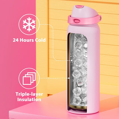 32 oz Insulated Water Bottle with Straw: Stainless Steel Metal Water Bottle with 2-in-1 Lid - Leak Proof, Cold for 24 Hours, Protective Silicone Base, BPA-Free for Sports Gym, Sage - Colors B