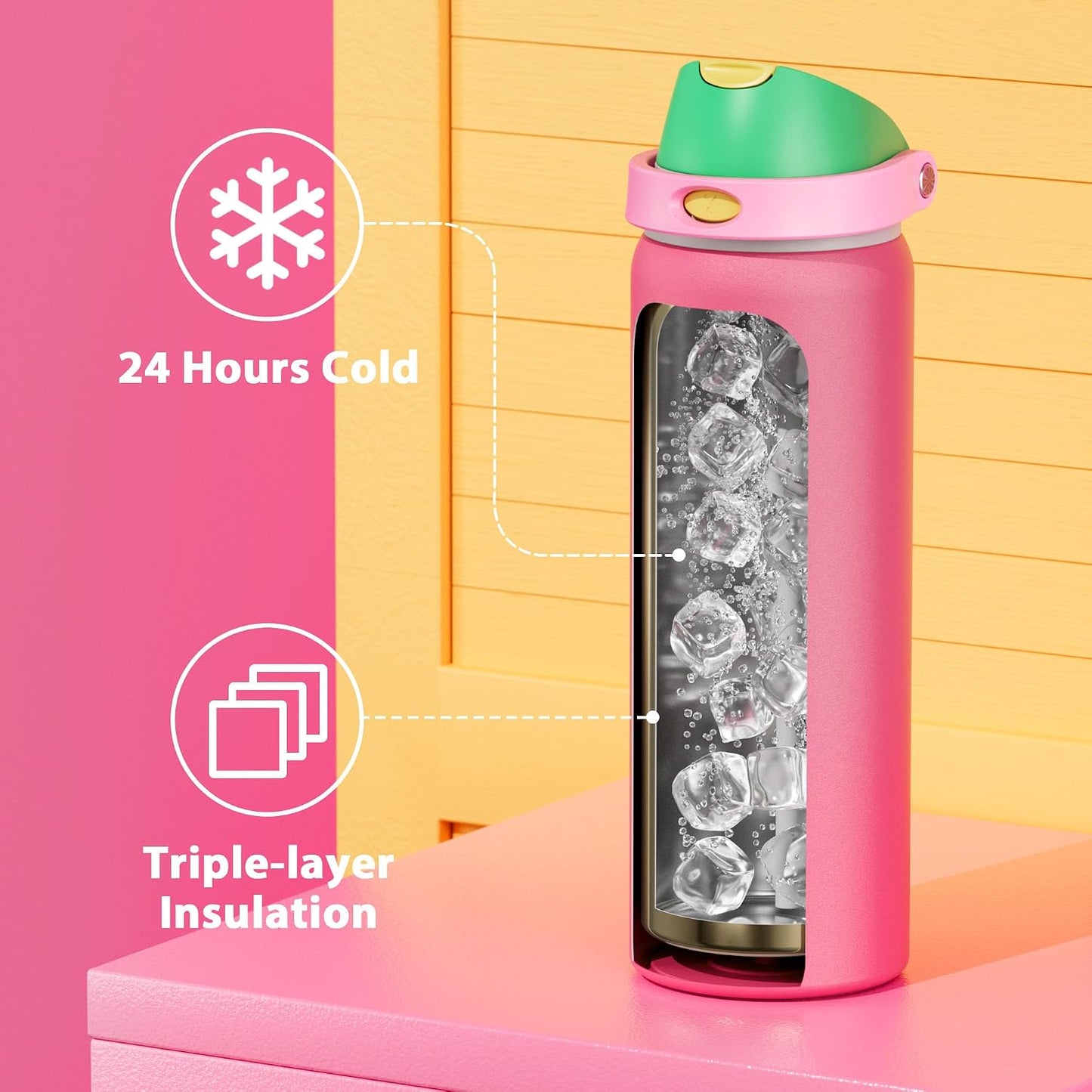32 oz Insulated Water Bottle with Straw: Stainless Steel Metal Water Bottle with 2-in-1 Lid - Leak Proof, Cold for 24 Hours, Protective Silicone Base, BPA-Free for Sports Gym, Sage - Colors B