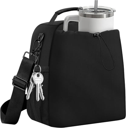 Insulated Lunch Bag for Men Women Fits 40/30oz Stanley Cups | Leakproof Cooler Tote With 2 Metal Hooks, Side & Interior Mesh Pockets, Adjustable Strap for Work, Travel, Picnics (Black)