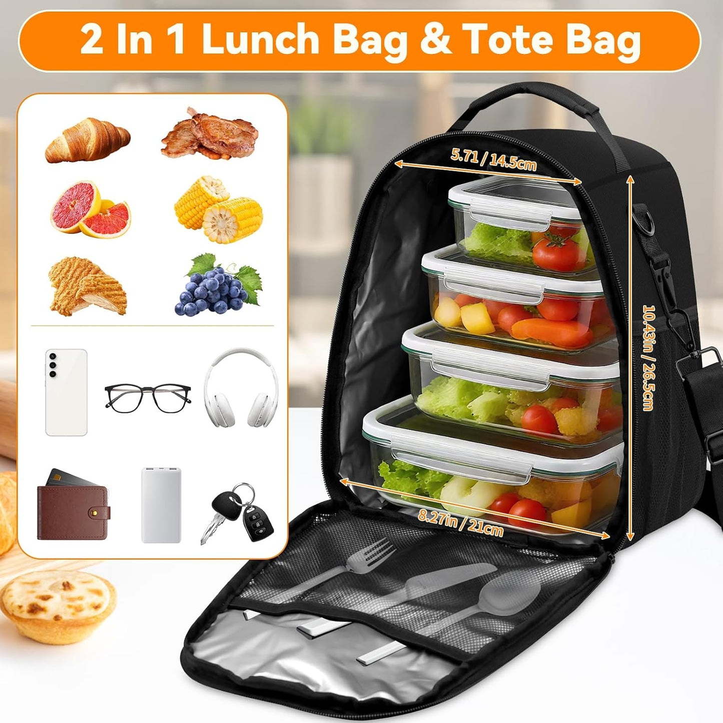Insulated Lunch Bag for Men Women Fits 40/30oz Stanley Cups | Leakproof Cooler Tote With 2 Metal Hooks, Side & Interior Mesh Pockets, Adjustable Strap for Work, Travel, Picnics (Black)