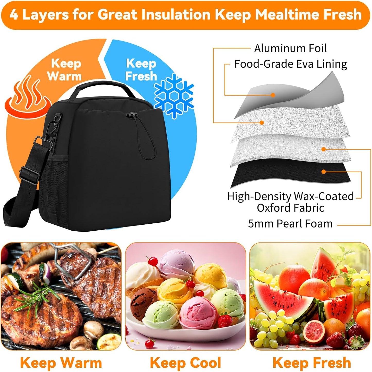 Insulated Lunch Bag for Men Women Fits 40/30oz Stanley Cups | Leakproof Cooler Tote With 2 Metal Hooks, Side & Interior Mesh Pockets, Adjustable Strap for Work, Travel, Picnics (Black)