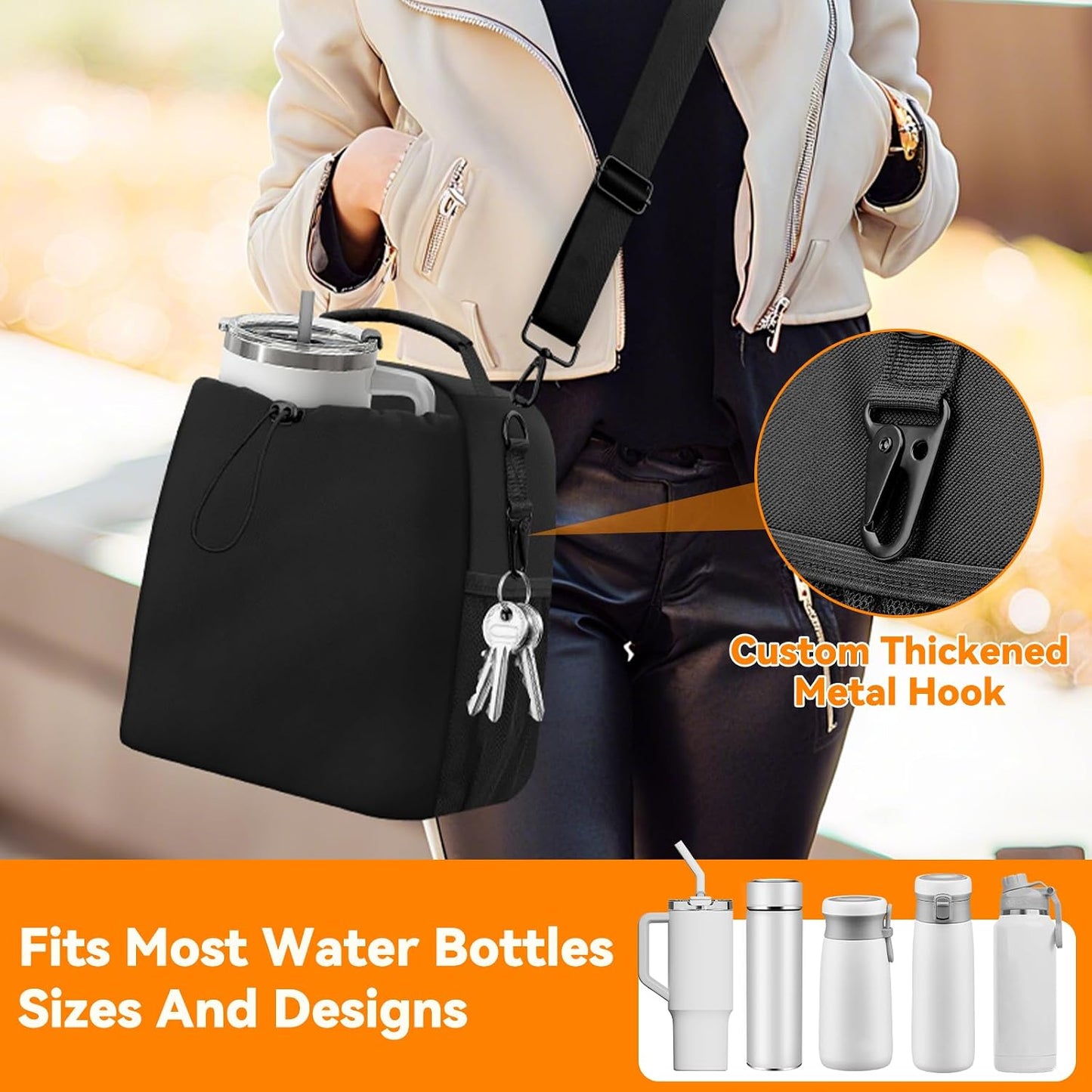 Insulated Lunch Bag for Men Women Fits 40/30oz Stanley Cups | Leakproof Cooler Tote With 2 Metal Hooks, Side & Interior Mesh Pockets, Adjustable Strap for Work, Travel, Picnics (Black)