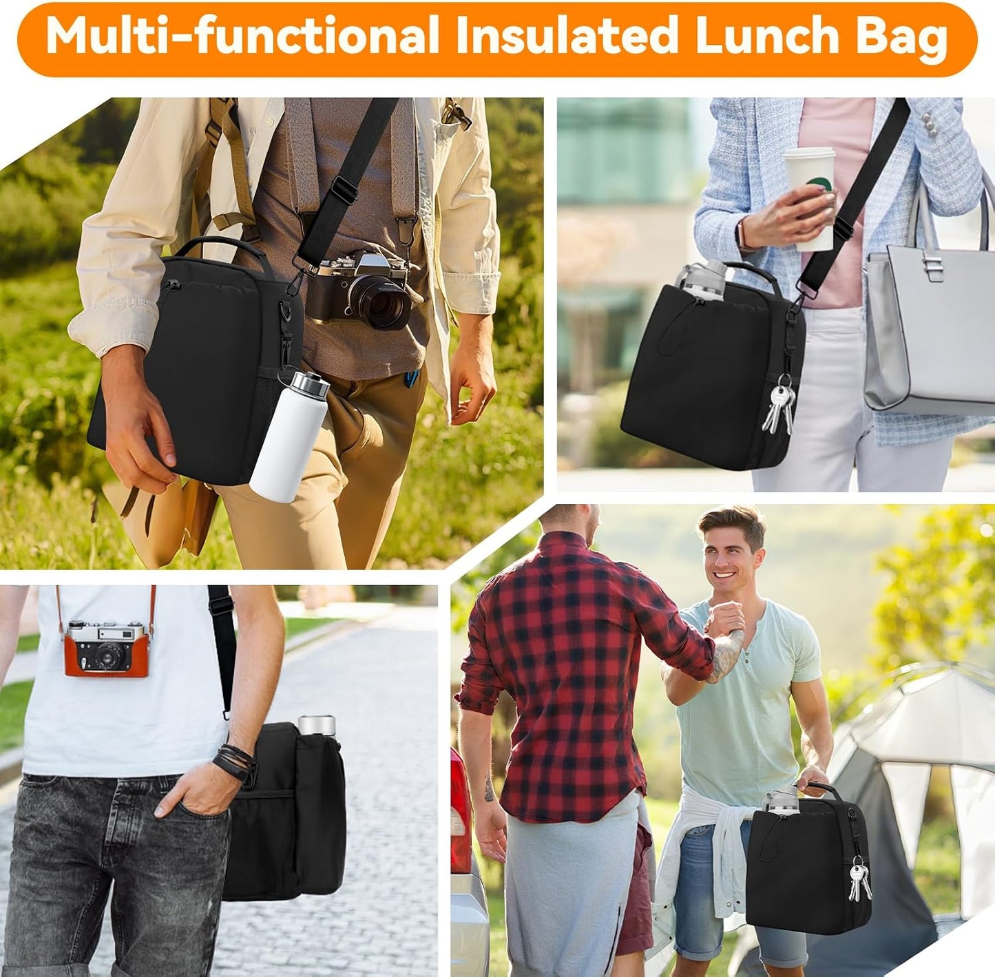 Insulated Lunch Bag for Men Women Fits 40/30oz Stanley Cups | Leakproof Cooler Tote With 2 Metal Hooks, Side & Interior Mesh Pockets, Adjustable Strap for Work, Travel, Picnics (Black)