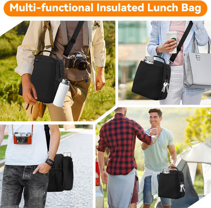 Insulated Lunch Bag for Men Women Fits 40/30oz Stanley Cups | Leakproof Cooler Tote With 2 Metal Hooks, Side & Interior Mesh Pockets, Adjustable Strap for Work, Travel, Picnics (Black)
