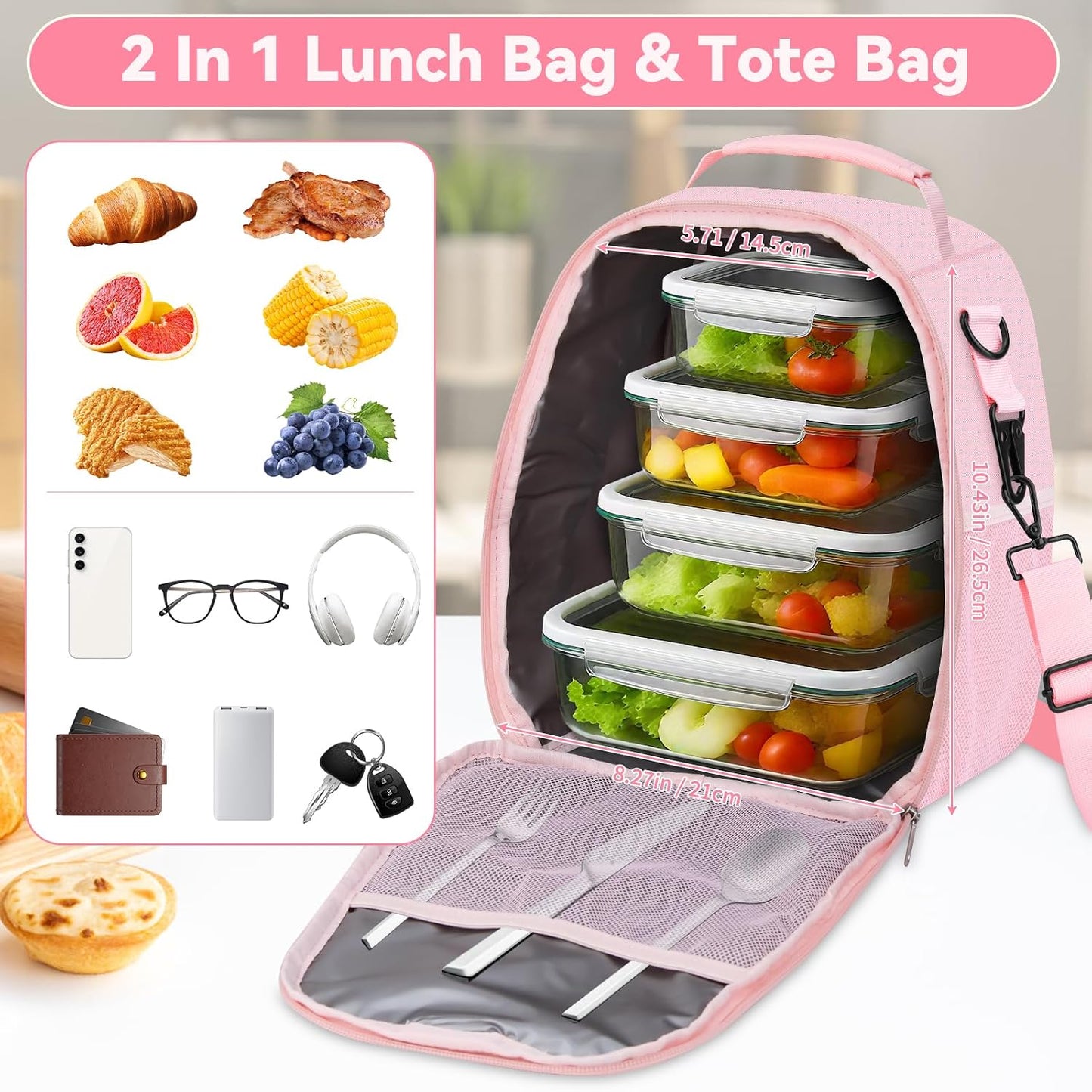 Insulated Lunch Bag for Men Women Fits 40/30oz Stanley Cups | Leakproof Cooler Tote With 2 Metal Hooks, Side & Interior Mesh Pockets, Adjustable Strap for Work, Travel, Picnics (Black)