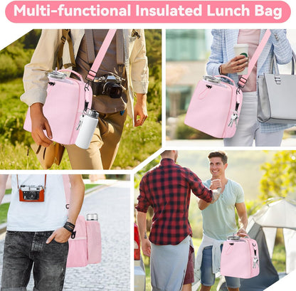 Insulated Lunch Bag for Men Women Fits 40/30oz Stanley Cups | Leakproof Cooler Tote With 2 Metal Hooks, Side & Interior Mesh Pockets, Adjustable Strap for Work, Travel, Picnics (Black)