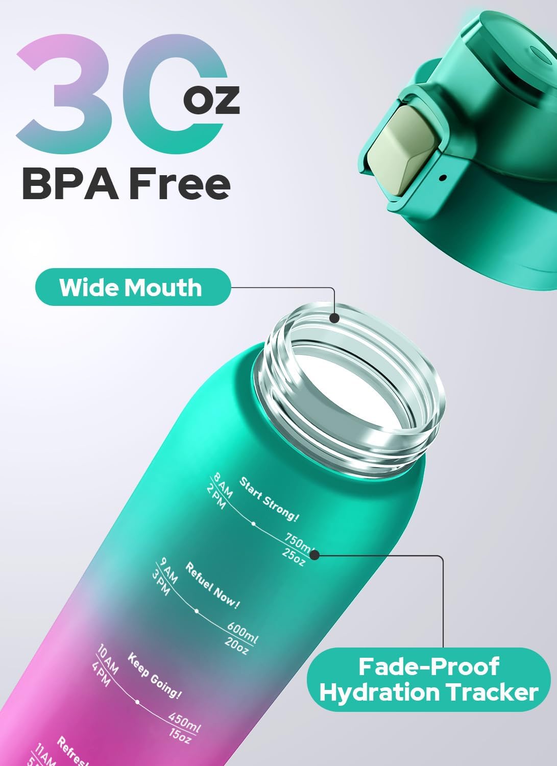 Zip 30oz Plastic Water Bottle Dishwasher Safe, Leakproof Flip-Top Lid, BPA Free Tritan, Wide Mouth Reusable Sports Water Bottle for Gym Hiking Commuting Outdoor Travel and School