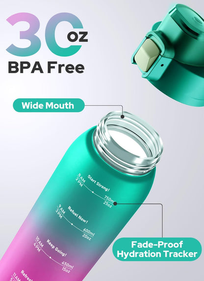 Zip 30oz Plastic Water Bottle Dishwasher Safe, Leakproof Flip-Top Lid, BPA Free Tritan, Wide Mouth Reusable Sports Water Bottle for Gym Hiking Commuting Outdoor Travel and School